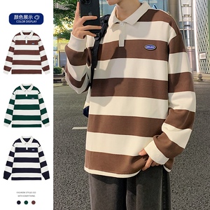 日系条纹翻领长袖卫衣男生棉春季休闲宽松polo衫上衣服W2381-P52图片