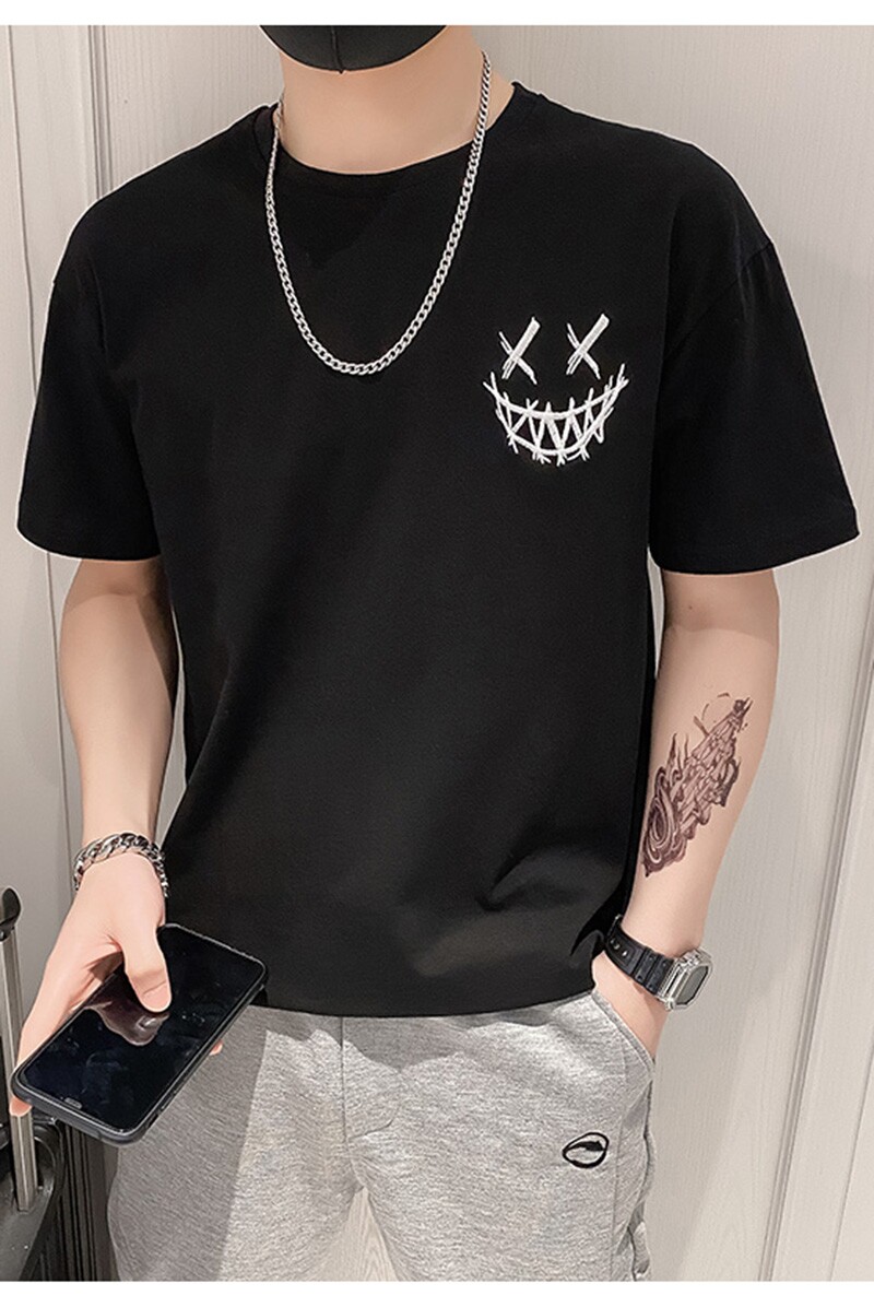 爆款小恶魔鬼脸纯棉落肩袖T恤男宽松ins大码社会小伙T012-P40,男装T恤,星座610（原A335）