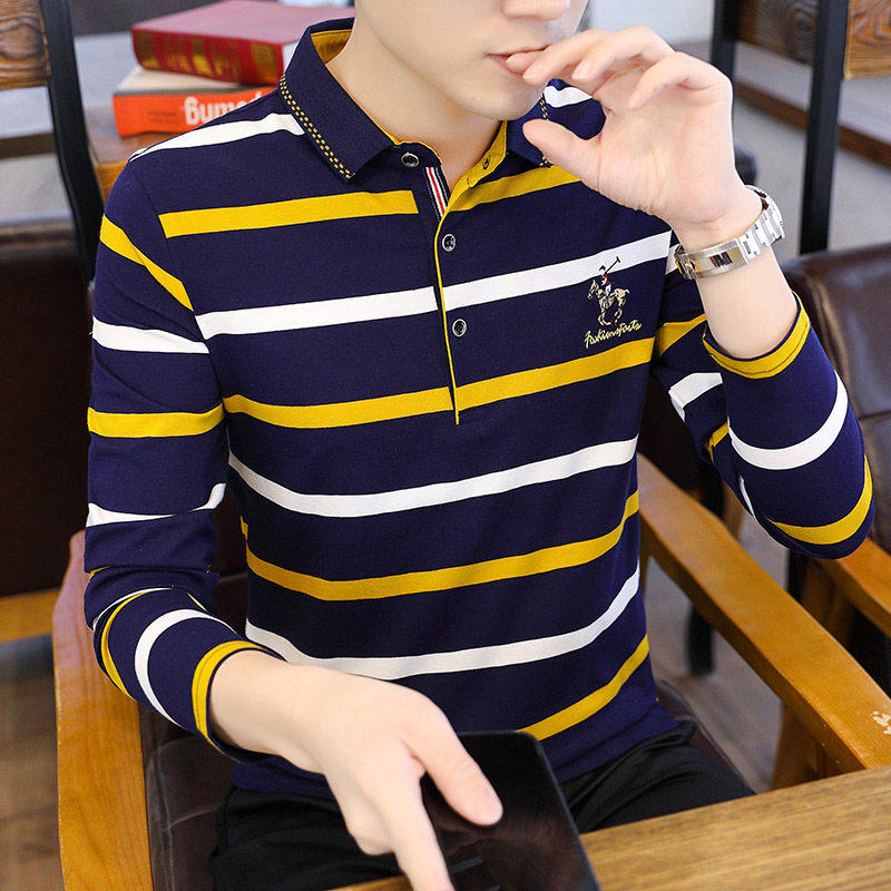 秋季新款男士短袖t恤潮流帅气翻领宽松长袖条纹Polo衫PL8851-P40，男装T恤，星座610（原A335）