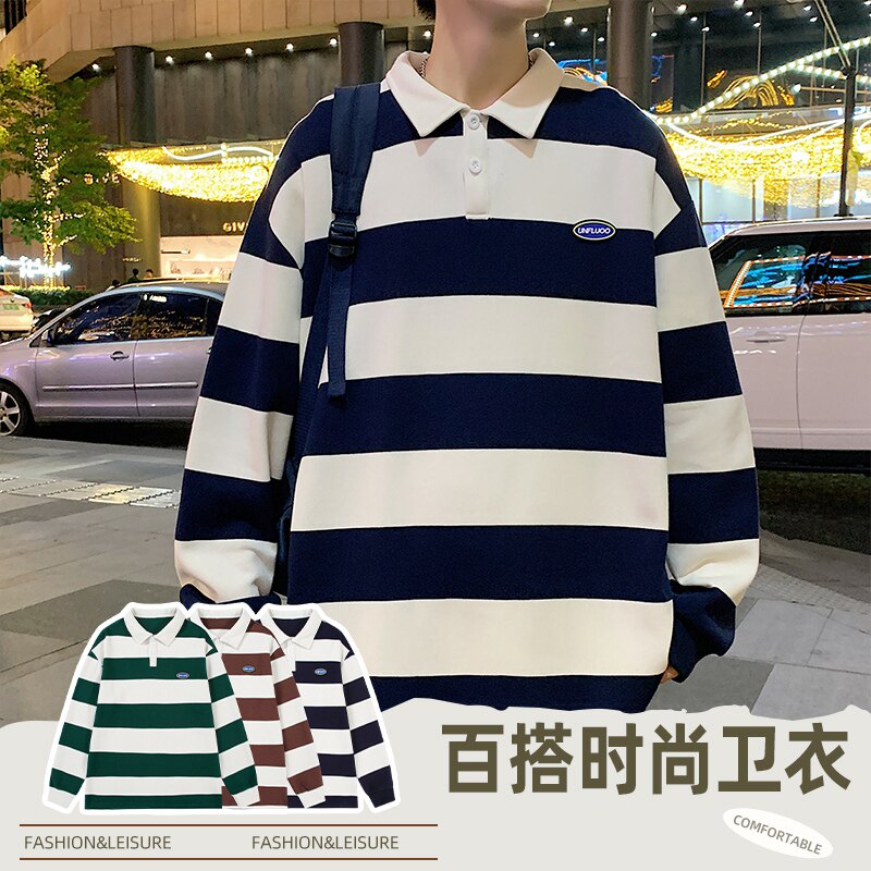 重磅空气层POLO衫男长袖翻领T恤潮牌宽松落肩条纹卫衣W2381-P52,男装卫衣,星座610（原A335）