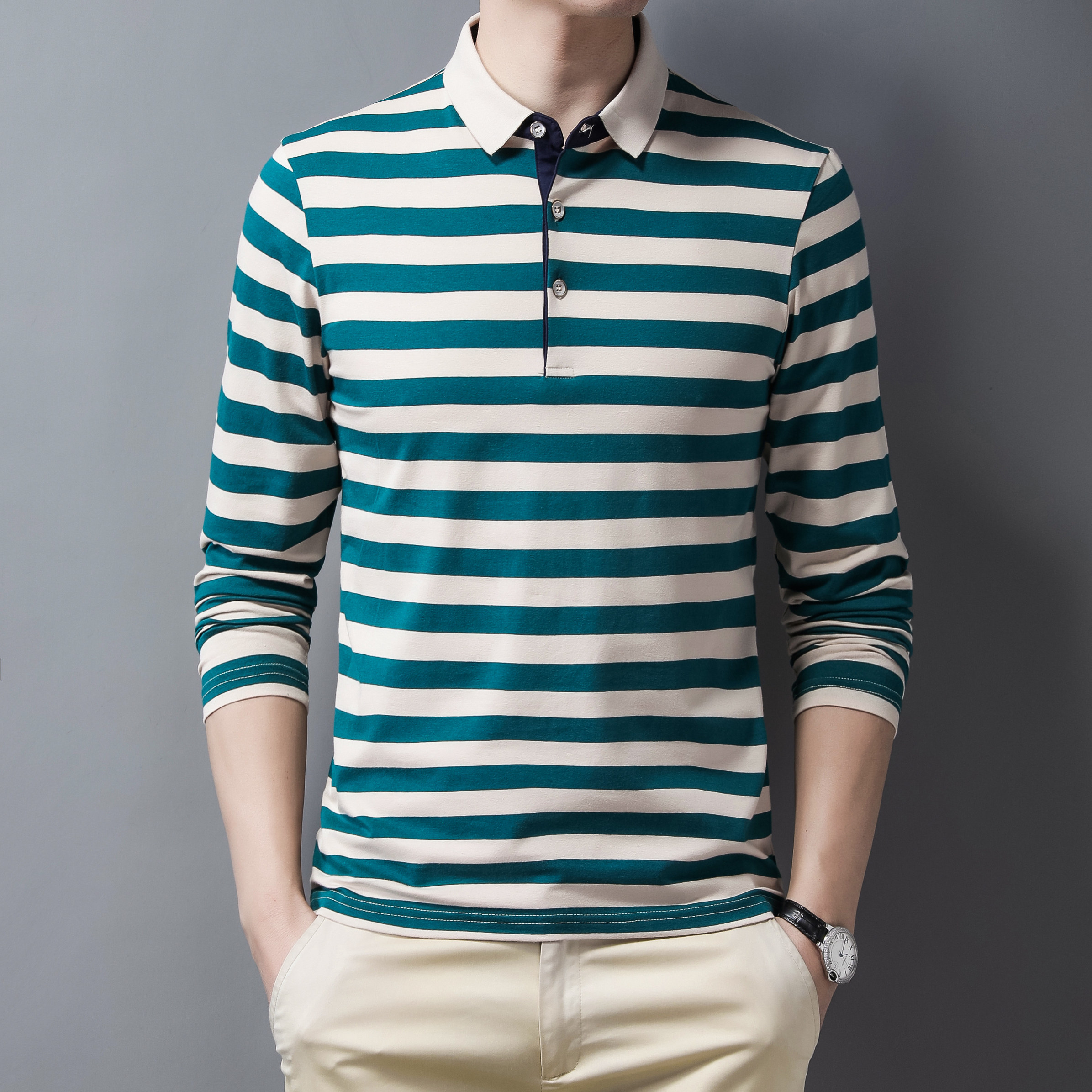 秋季条纹POLO衫男翻领修身内搭潮流时尚休闲百搭上衣服PL8858-P40