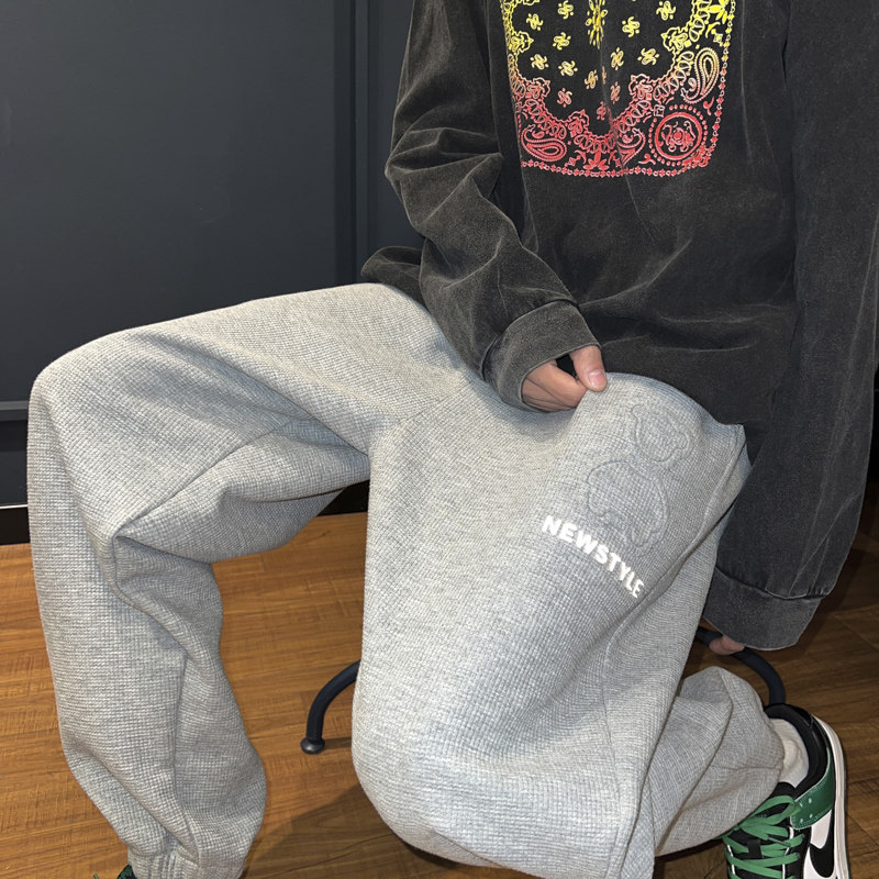 华夫格休闲裤子男秋季潮流运动长裤宽松束脚百搭卫裤图片