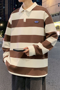 日系条纹翻领卫衣拼色polo衫长袖学院风上衣撞色打底衫W2381-P52图片
