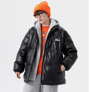 假两件PU皮棉衣冬季美式ins宽松情侣拼接连帽棉服外套MY325图片
