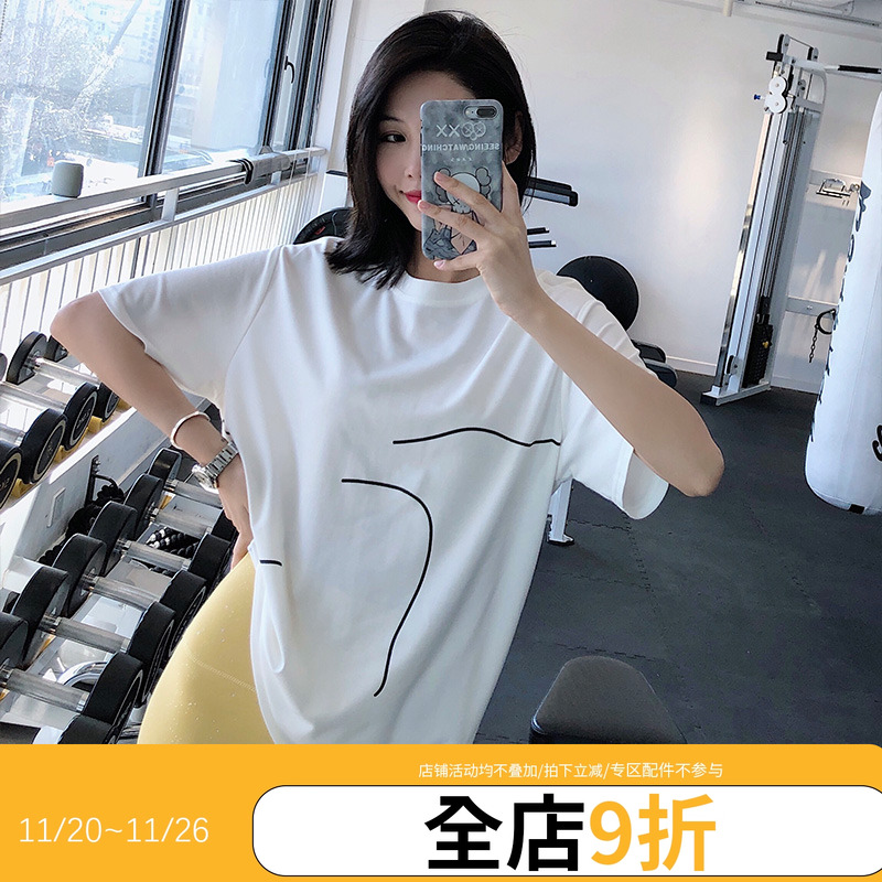 annerun休闲运动T恤女宽松圆领透气罩衫休闲跑步健身短袖速干上衣