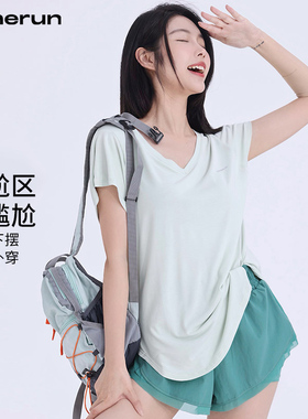 annerun跑步速干衣女透气显瘦中长款运动短袖休闲瑜伽上衣健身T恤