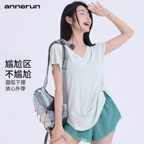 annerun跑步速干衣女透气显瘦中长款运动短袖休闲瑜伽上衣健身T恤