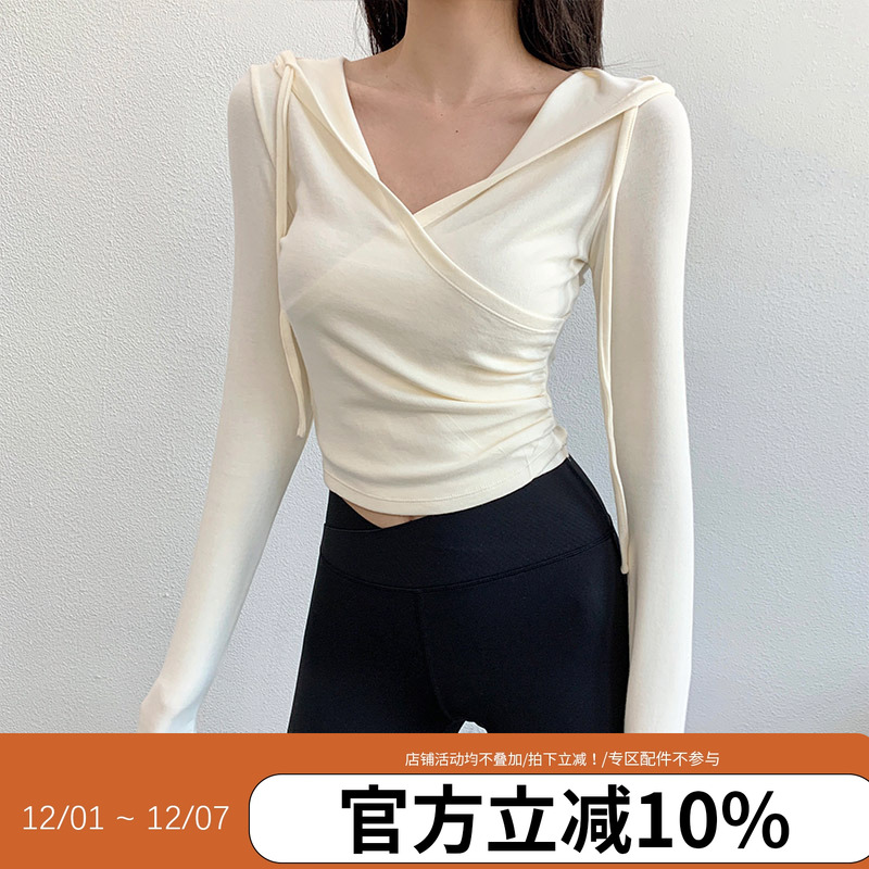 annerun速干运动T恤女连帽显瘦外穿健身服跑步交叉领休闲瑜伽长袖