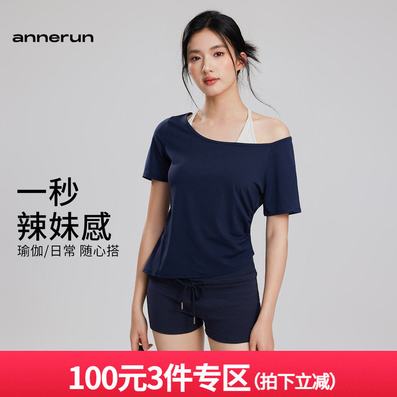 annerun休闲时尚速干瑜伽T恤女修身性感斜单肩短袖健身服运动上衣