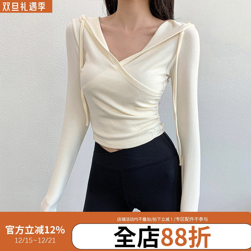 annerun速干运动T恤女连帽显瘦外穿健身服跑步交叉领休闲瑜伽长袖