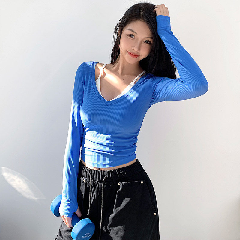 annerun紧身瑜伽T恤女上衣女带胸垫假两件跑步运动长袖缩褶健身服