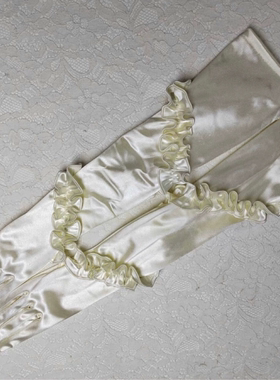 客户定制高品质象牙白色52cm弹力缎面褶皱花边长婚纱礼服手套