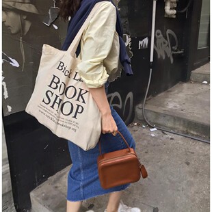 双面新款 书店布袋字母大帆布包单肩手提简约 Lane 自制Brick
