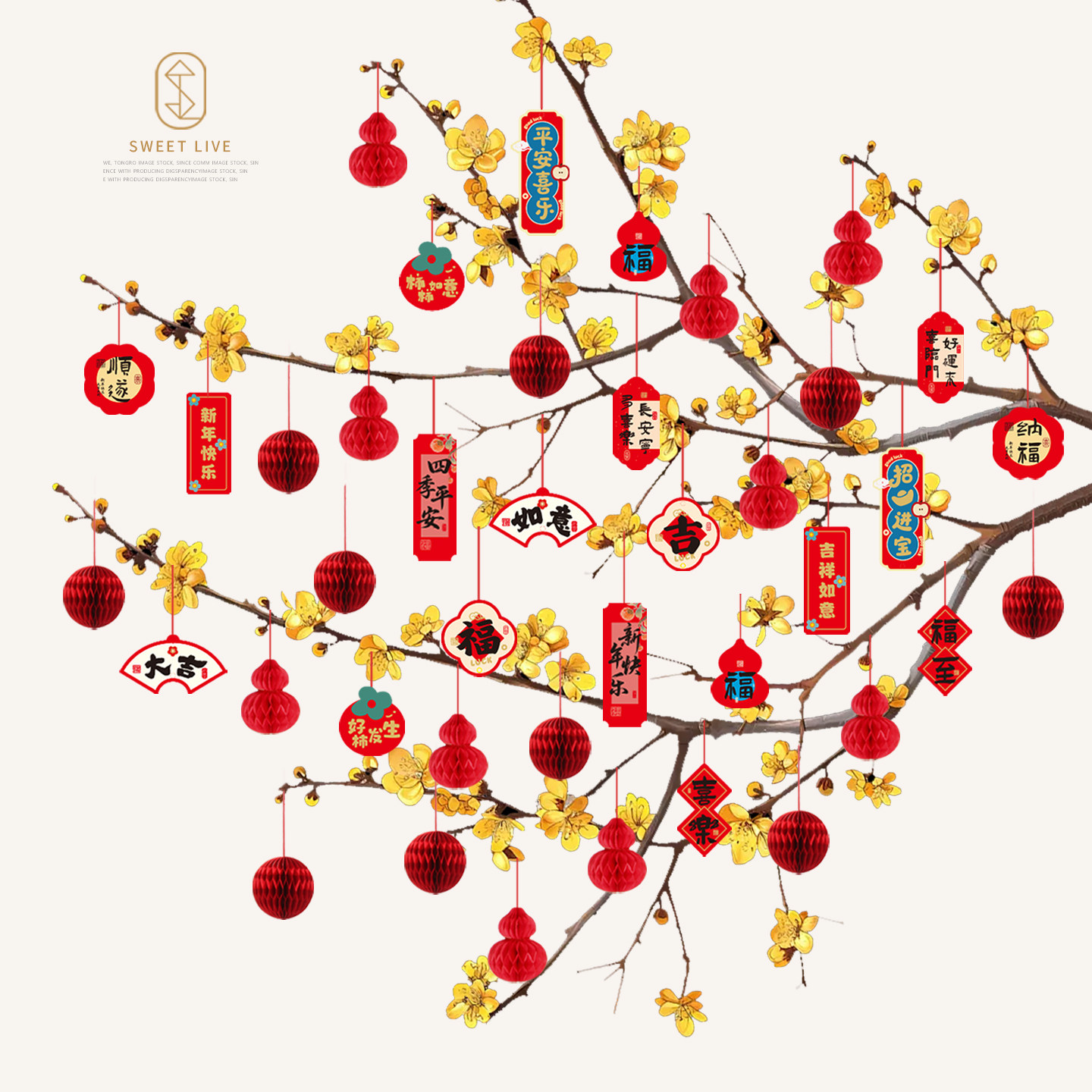 盆栽树室内挂件蜂窝球福禄新年装饰用品套装卡片春节通用装扮套装