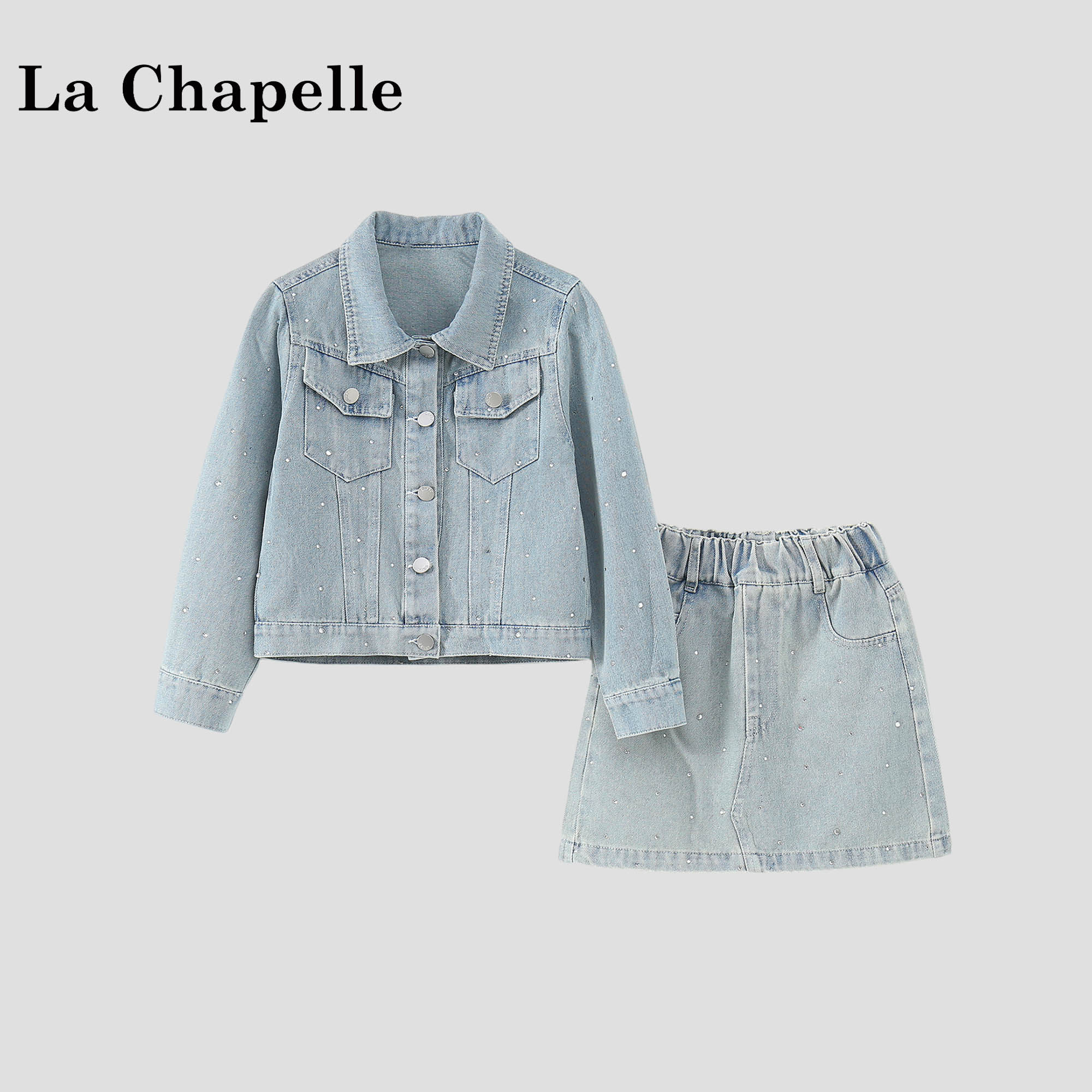 拉夏贝尔童装女童烫钻牛仔套装2026新款儿童春装外套短裙两件套潮