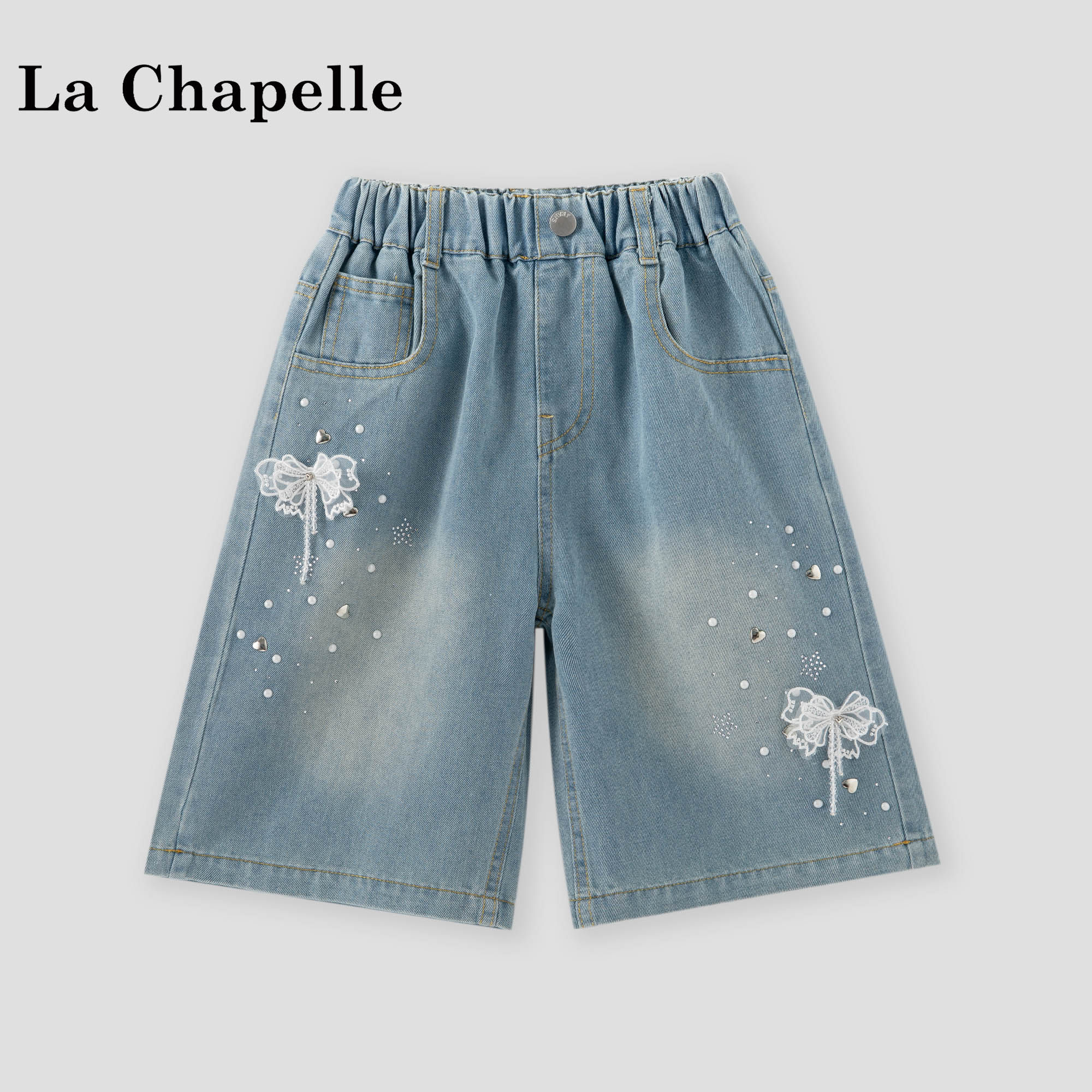 拉夏贝尔女童夏外穿短裤2026新款儿童韩版烫钻轻薄夏裤牛仔五分裤