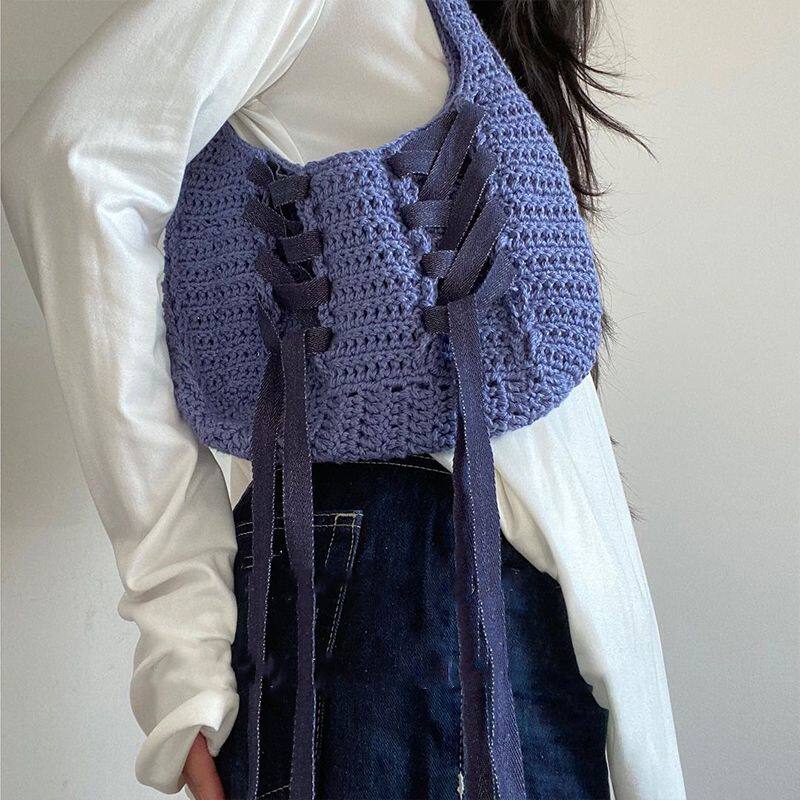 여자 친구를위한 수제 DIY 발레 스타일 보우 가방 소재 가방 INS 양모 뜨개질 수제 크로 셰 뜨개질 선물 숄더 백
