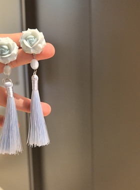 沐琪手作 新中式蓝色花朵流苏耳环复古小清新高级感耳饰无洞耳夹