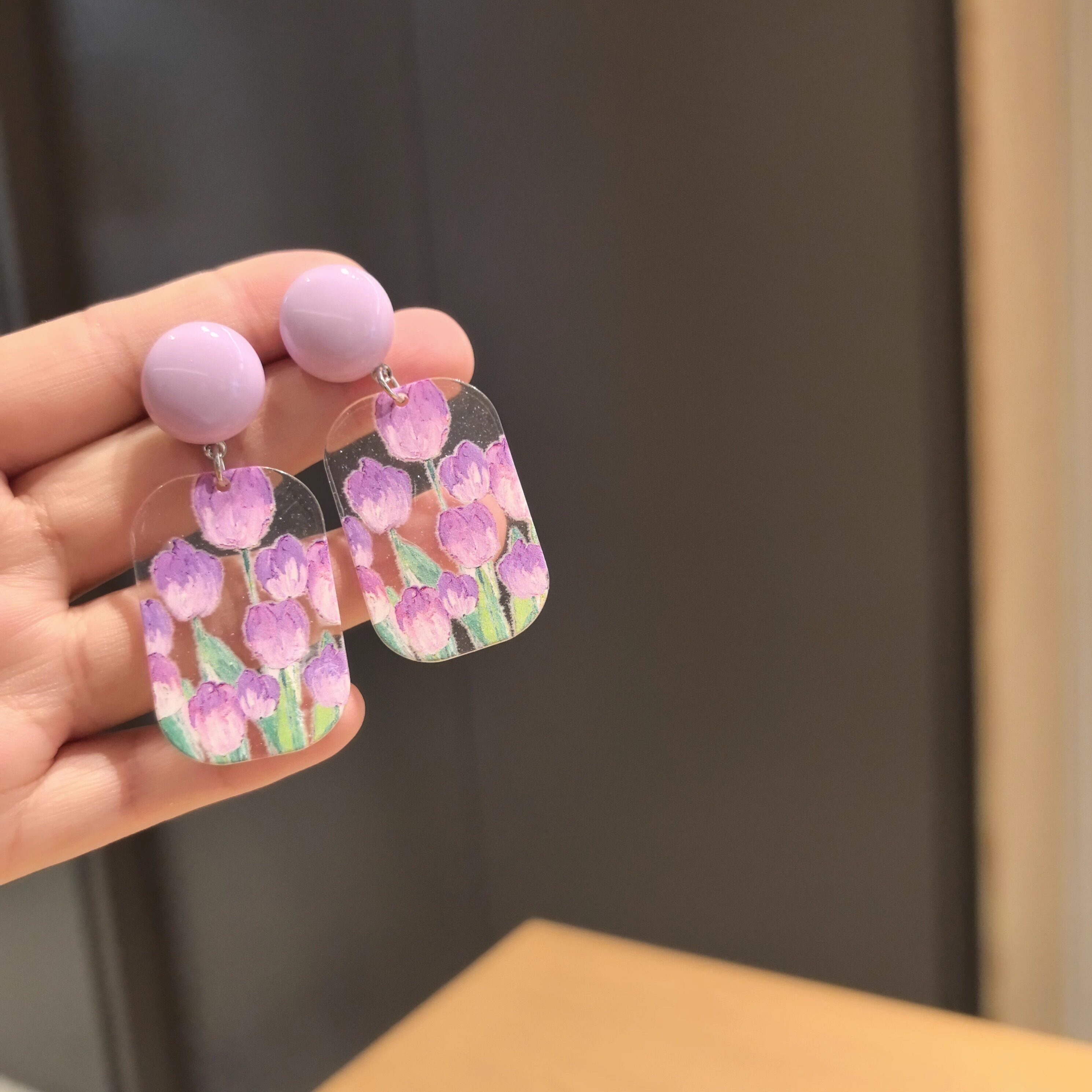 （满9.9包邮）紫色油画风复古风景画郁金香印花耳环少女耳饰耳夹