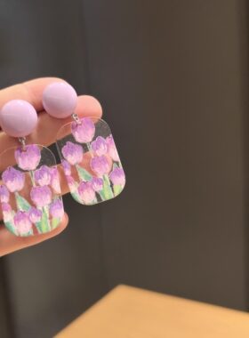 （满9.9包邮）紫色油画风复古风景画郁金香印花耳环少女耳饰耳夹