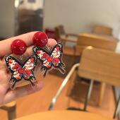 沐琪手作复古撞色浮雕红黑彩色蝴蝶印花耳环亚克力耳钉耳夹