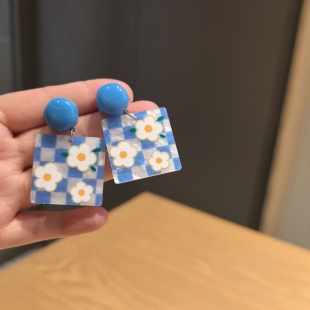 百搭度假耳钉耳夹 沐琪手作春夏小清新蓝色花朵耳环甜美时尚