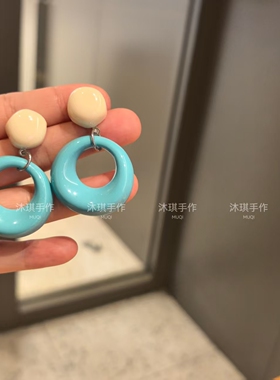 蓝色圈圈耳环耳夹女小众设计海边耳钉2025新款夸张度假耳饰耳夹