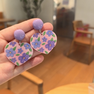 沐琪手作油画感爱心花朵甜美撞色耳环复古紫色风清新耳夹