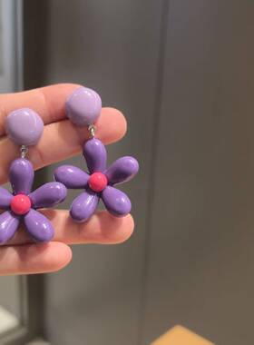 沐琪手作紫色复古花朵新款耳环高级感法式甜美耳饰网红无洞耳夹