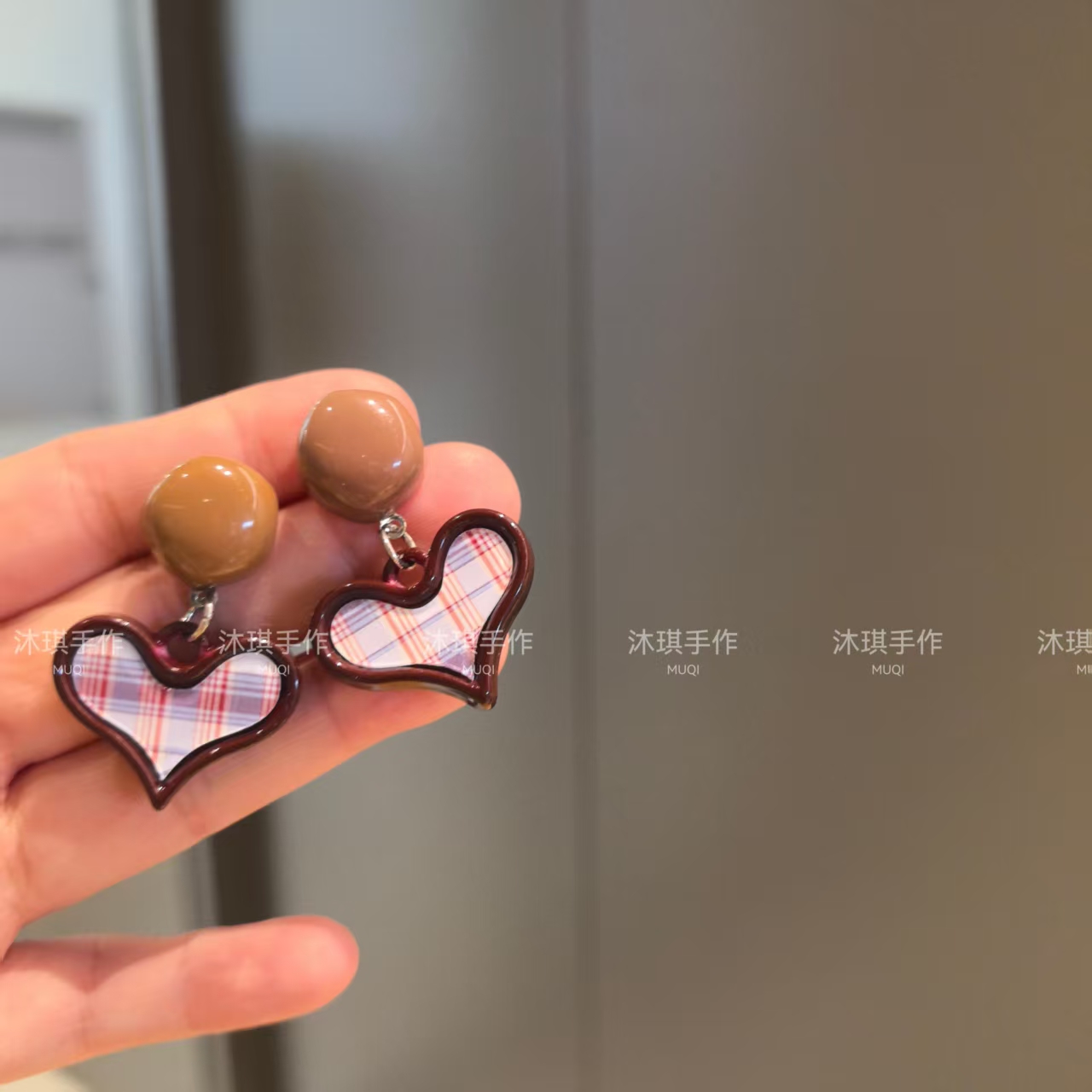 沐琪原创手作美拉德风格子耳环