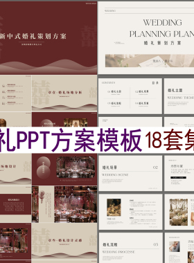 18款韩式中式小清新粉色白绿色咖色紫色蓝色婚礼策划ppt方案模板