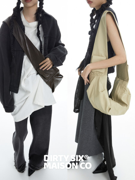 Model wearing a large slouchy shoulder bag in two colorways