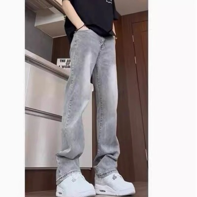 烟灰色弹力牛仔裤男春秋潮牌美式复古高街vibe直筒微喇加长版裤子