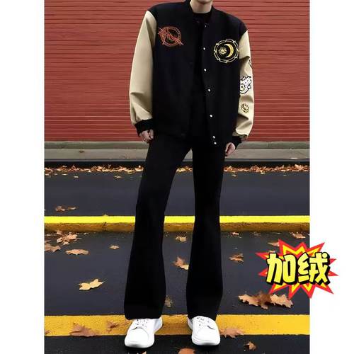 怪兽实验加绒微喇牛仔裤男25秋冬美式高街Vibe柳叶弯刀裤加长517