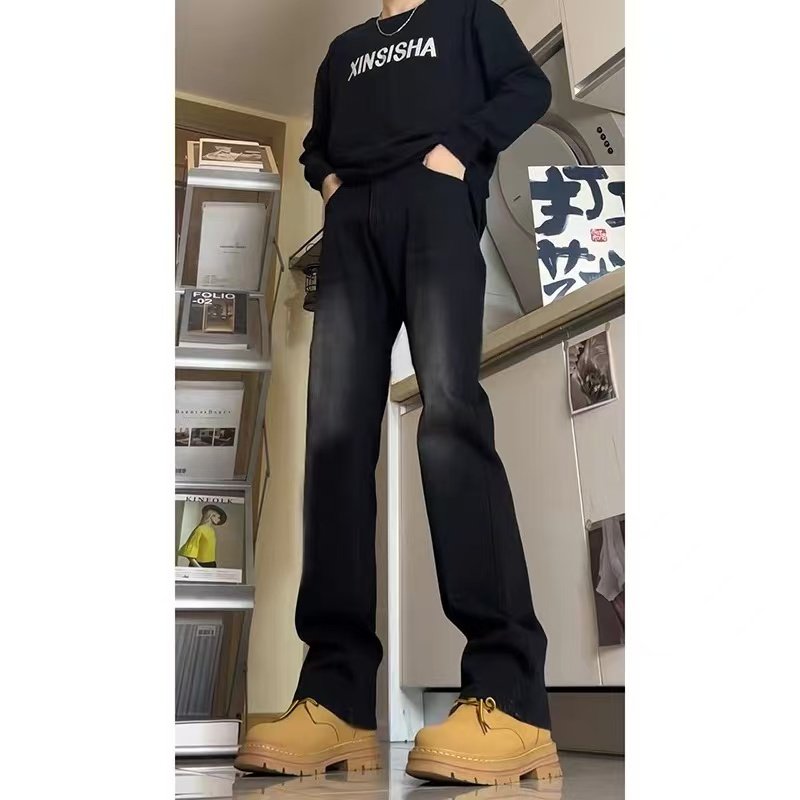 怪兽实验室黑色微喇牛仔裤男春秋美式窄版高个子显瘦弯刀裤子加长