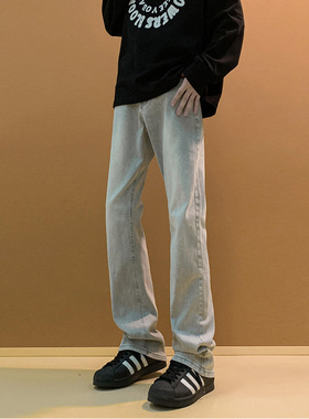 怪兽实验室烟灰色微喇牛仔裤男款加绒修身窄版裤子美式vibe弯刀裤