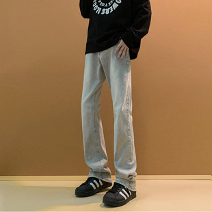 怪兽实验室烟灰色微喇牛仔裤男款加绒修身窄版裤子美式vibe弯刀裤