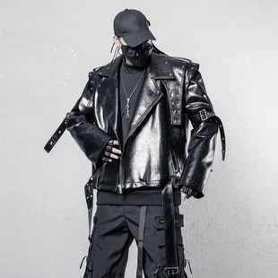 小众设计赛博朋克翻领机车服男暗黑系斜拉链宽松摇滚皮衣夹克外套