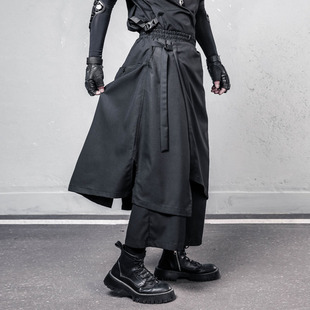 飘带九分裤 男 女暗黑系武士阔腿裤 小众山本风不规则假两件设计裙裤
