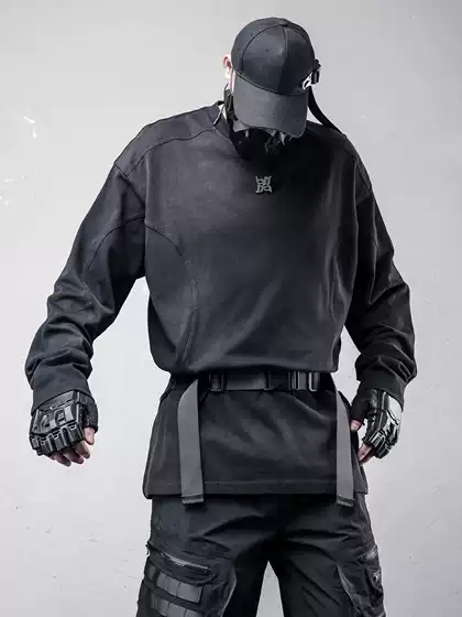 Wasteland Style American High Street Patchwork Crew Neck Sweatshirt for Men, Spring and Autumn Trendy Brand Retro Washed and Distressed Loose Long-Sleeve T-Shirt
