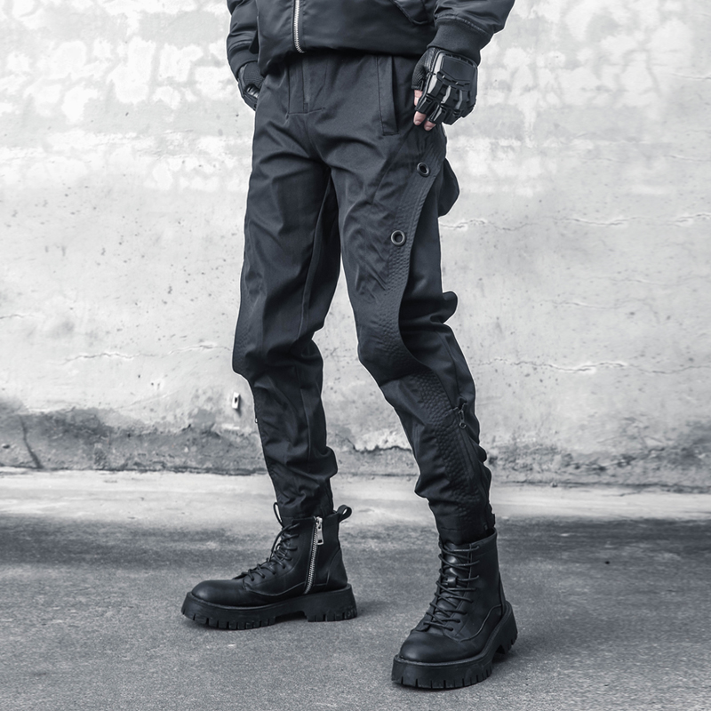 暗黑潮牌机能工装假两件裤子男