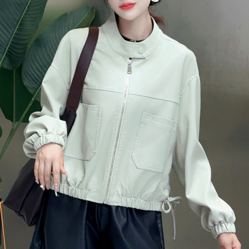 蒂蔓莎24秋冬新款女士皮衣侧边抽绳机车夹克纯色痞帅小个子妈妈装
