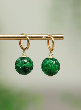 #K499 18K金镶嵌满色辣绿缅甸天然A货翡翠雕花珠子耳坠耳扣款