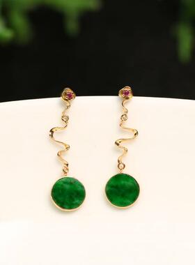 特价#8347一对18K金镶嵌满色辣绿天然A货翡翠平安无事圆片耳环耳