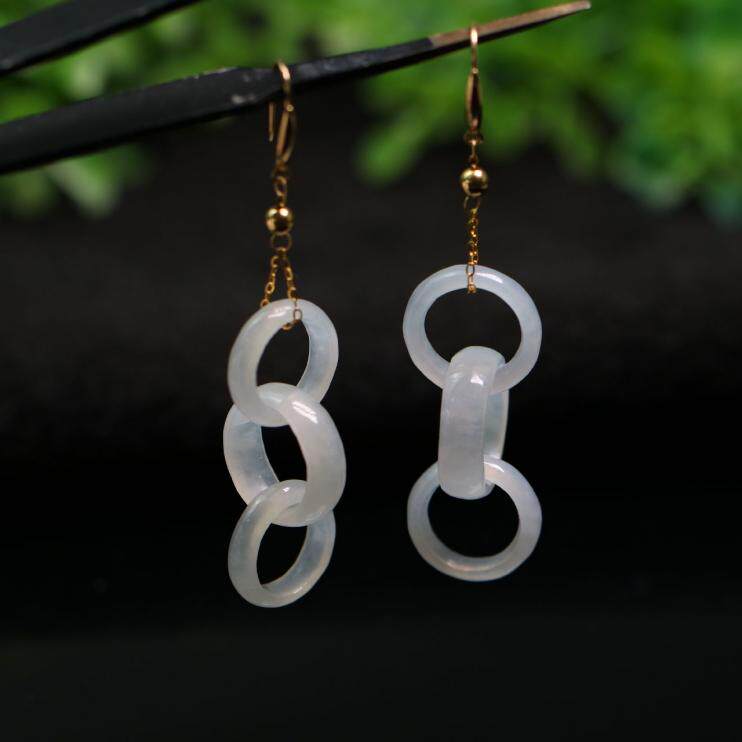 特价一对18K镶嵌老坑冰种翡翠三连环耳环耳坠