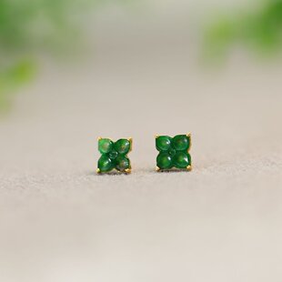18K金镶嵌冰种满绿天然A货翡翠四叶草耳钉耳饰 H781