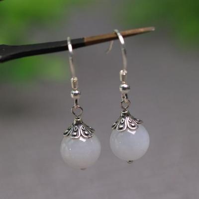 一对老银镶嵌白冰天然A货翡翠素