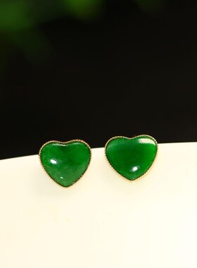 特价#H110一对18K金镶嵌冰种满色辣绿天然A货翡翠桃心形耳钉