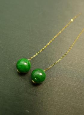 特价#C741一对18K金耳线镶嵌满色辣绿天然A货翡翠珠子耳坠