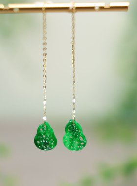 #G671 18K金耳线镶嵌冰种辣绿天然A货翡翠镂空雕花葫芦耳坠